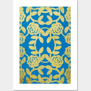 Floral Pattern Blue Gold Baroque Damask Posters and Art